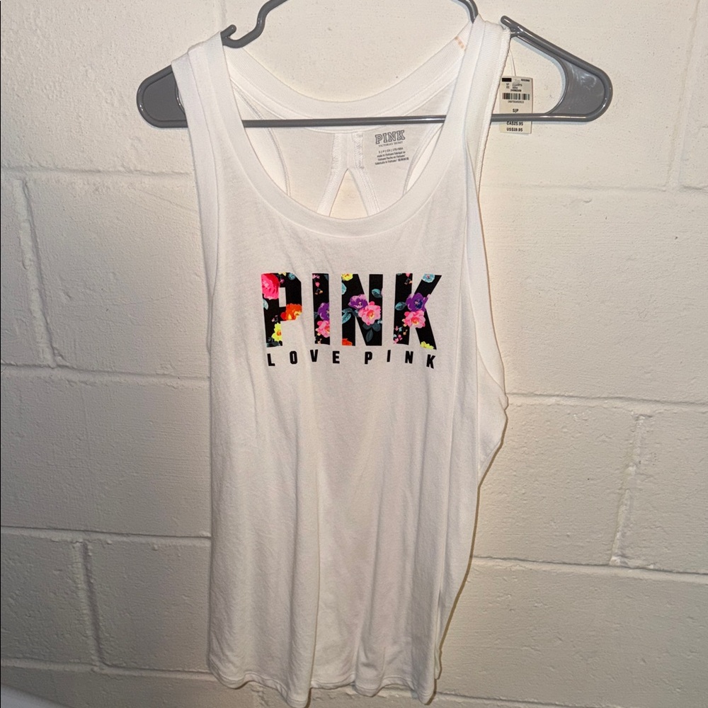 PINK Victoria's Secret Floral Logo White Tank Top